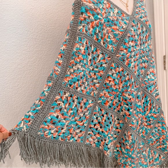 Granny Square Crochet Handmade Knit Shawl Cape Poncho Boho Festival Hippie - Picture 4 of 11